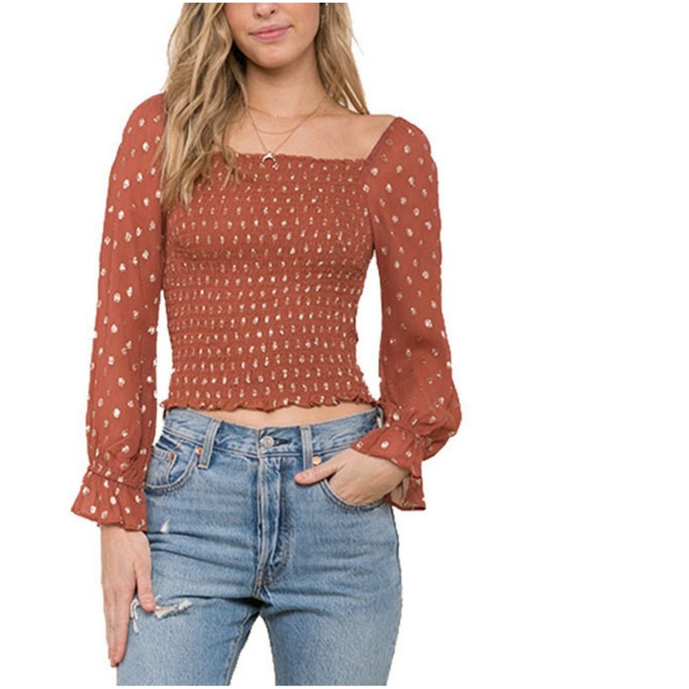 RAGA Elle Smocked Top in‎ Burnt Orange Sz XS NWT Anthropologie Boho